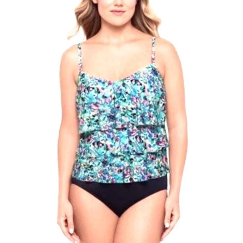 Created for Macy's Floral Blue Pink 2PC Tankini & Bikini Bottom D Cup Size 14